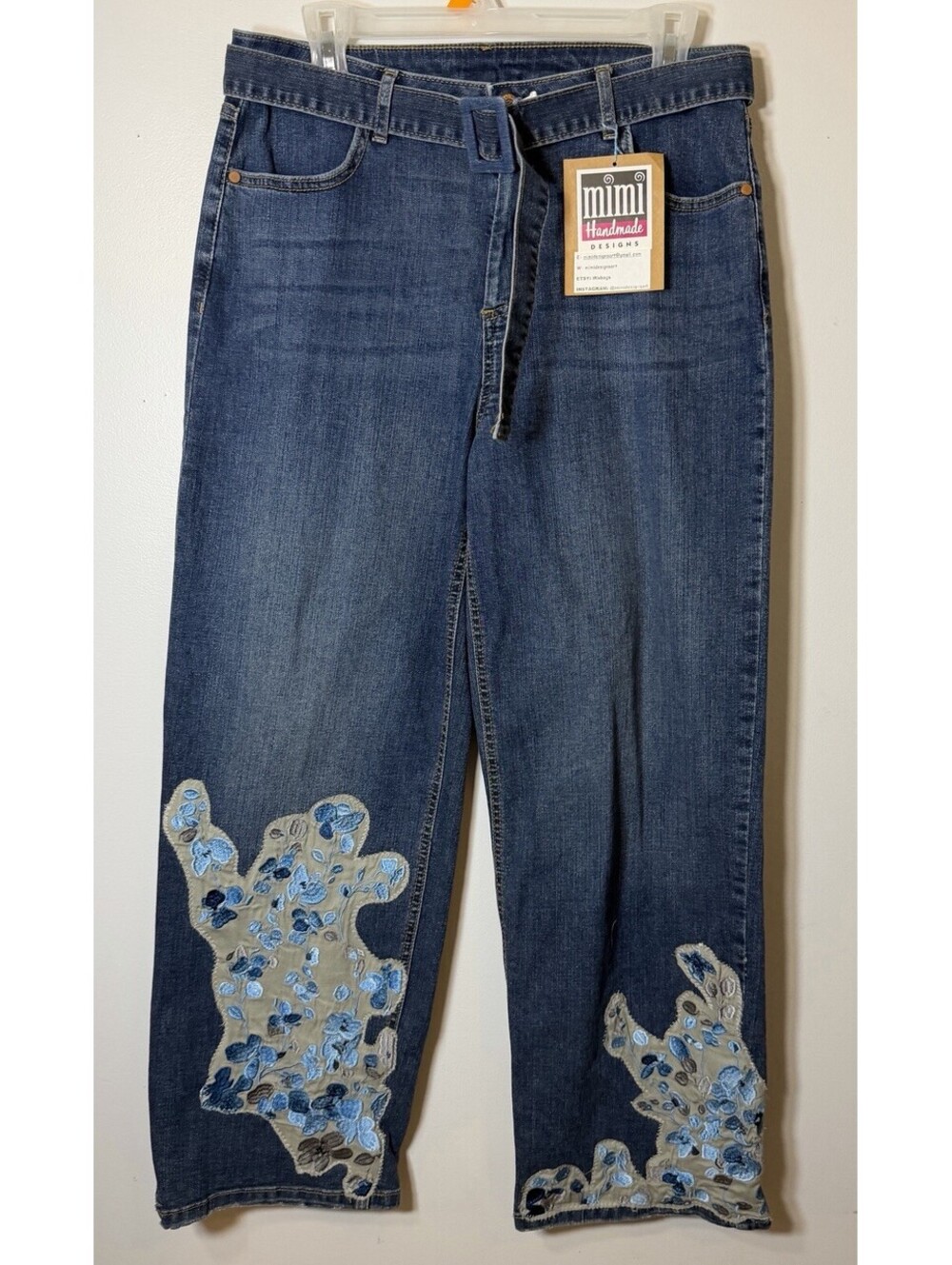 Mimi Handmade Designs Floral Embroidered Artsy Belted Wide Leg Jeans Size 10